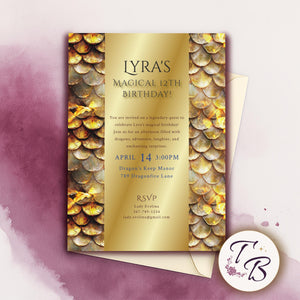 Dragon Birthday Invitation - Editable Party Template With Golden Scales & Medieval Design