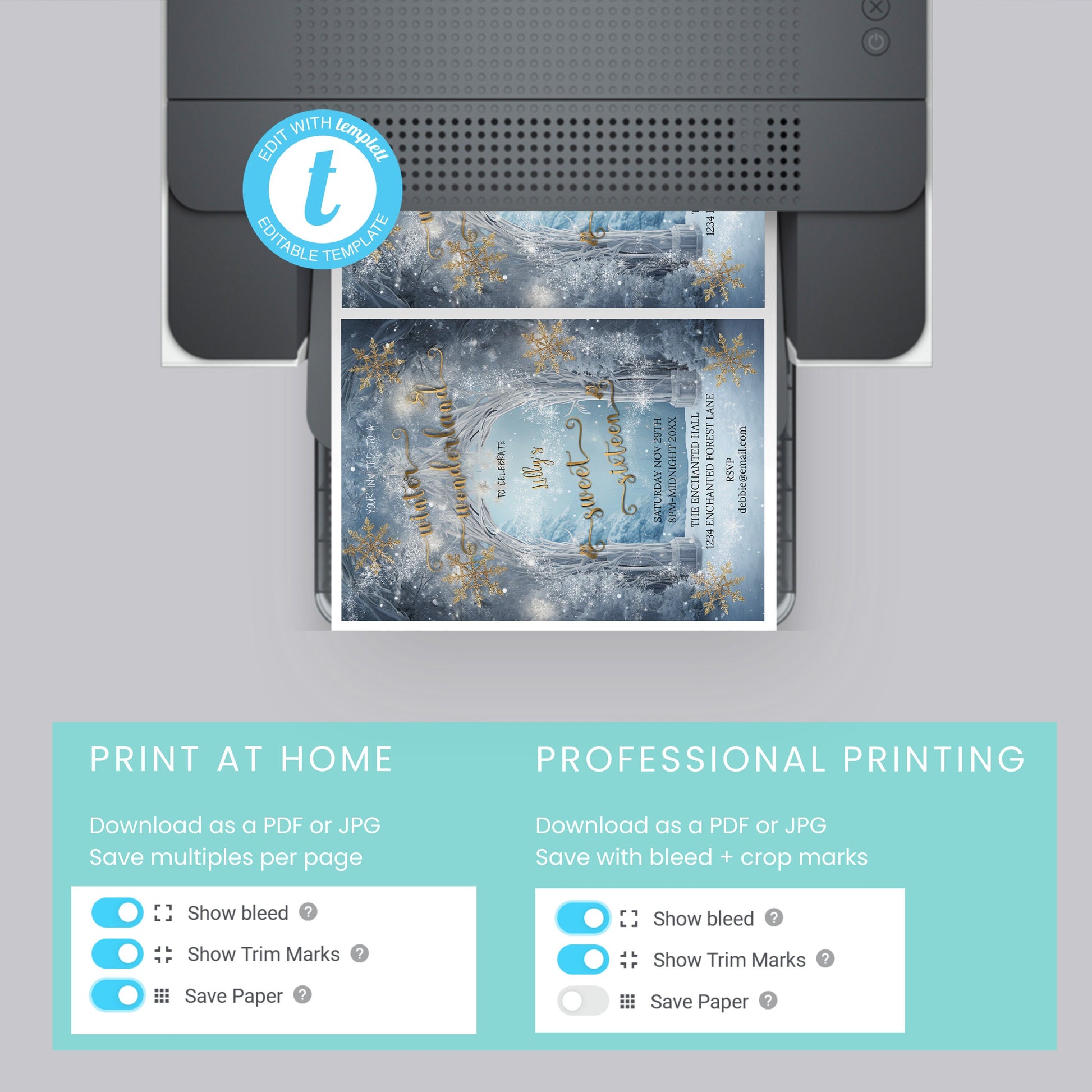 Winter Wonderland Invitation – Sweet 16 Editable Template With Gold Foil Design