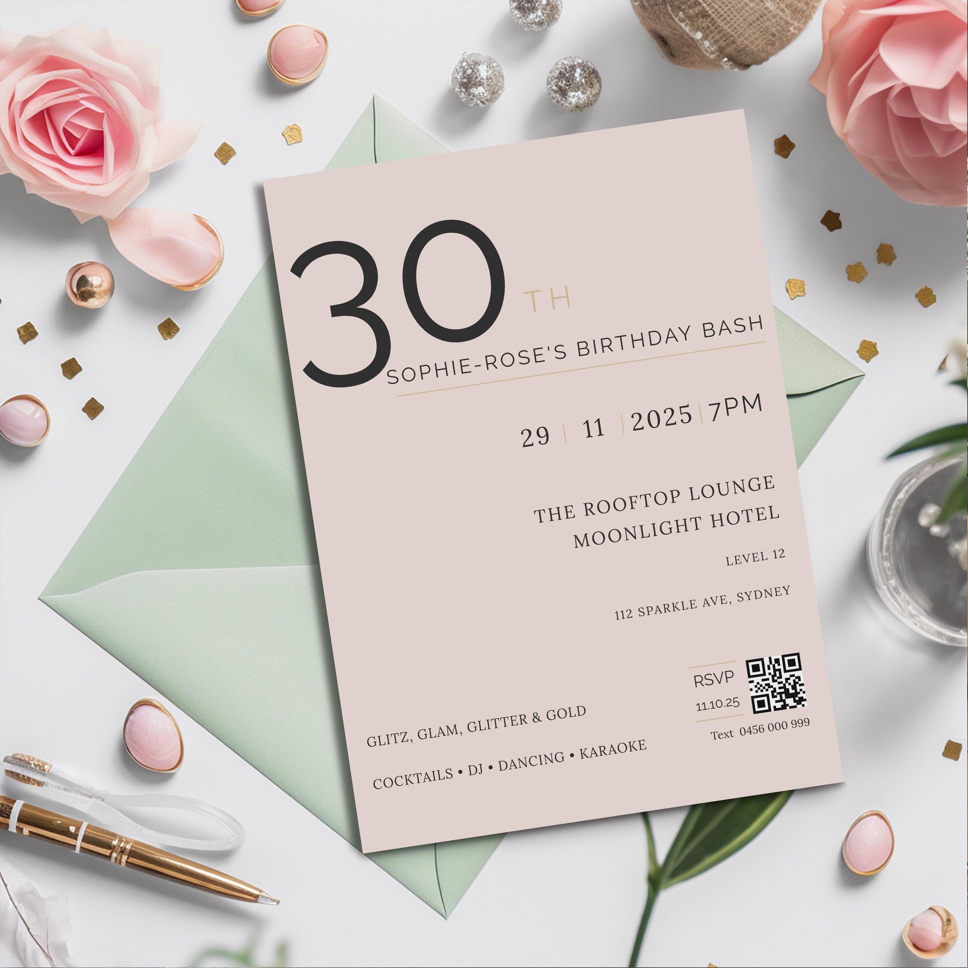 Blush & Gold 30th Birthday Invitation – Elegant Milestone Editable Template