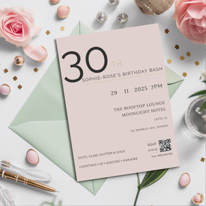 Blush & Gold 30th Birthday Invitation – Elegant Milestone Editable Template