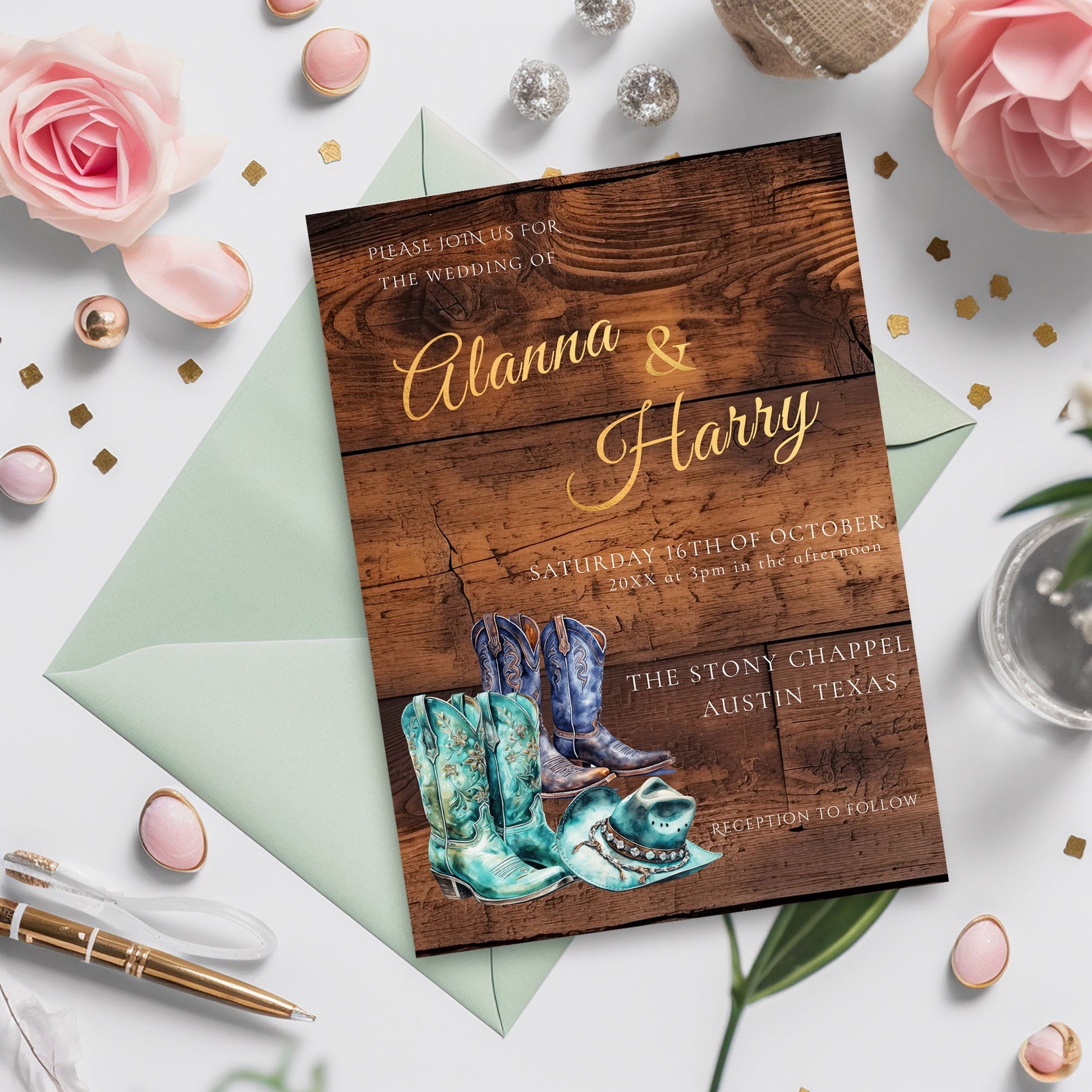 Turquoise Cowgirl Wedding Invite- Western Rustic Wedding-cowgirl boots-Template Editable - Gold Lettering, 5x7 Printable