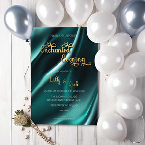 Teal & Gold Wedding Invitation | Elegant Enchanted Evening Template | Editable 5x7 Digital Download