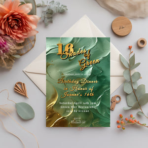 Green Birthday Invitation – Editable 16th Birthday Invite with Gold Foil & Emerald Green Design