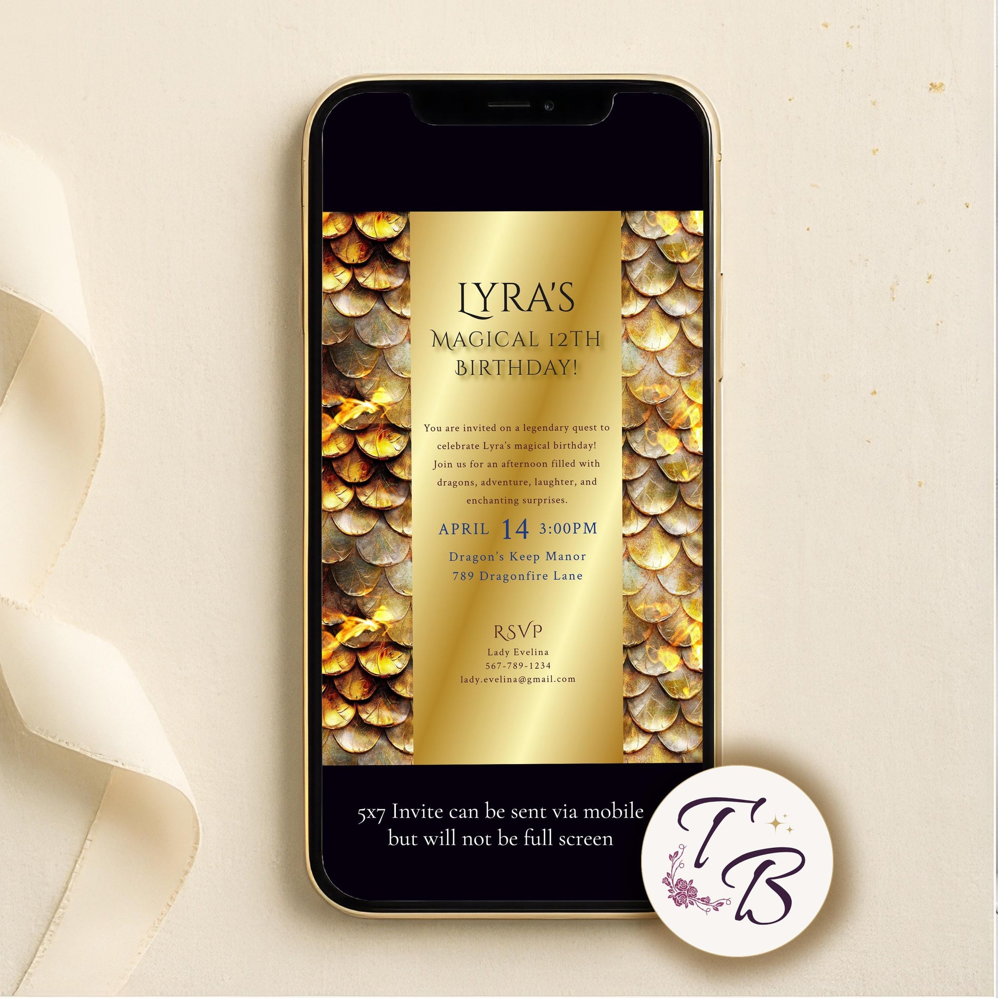 Dragon Birthday Invitation - Editable Party Template With Golden Scales & Medieval Design