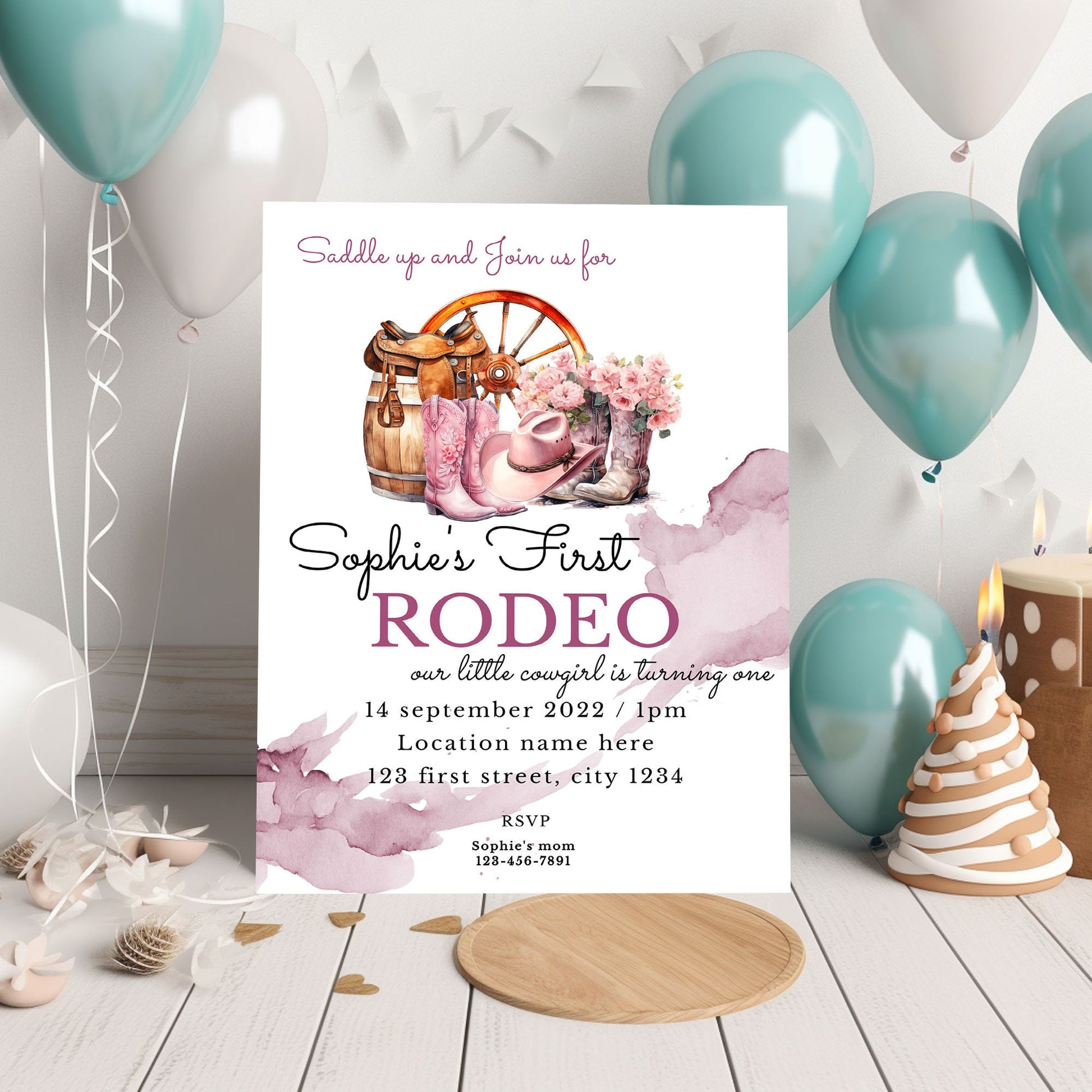 Cowgirl 1st Birthday Invitation Template: Western Rodeo Party (4x6, 5x7)