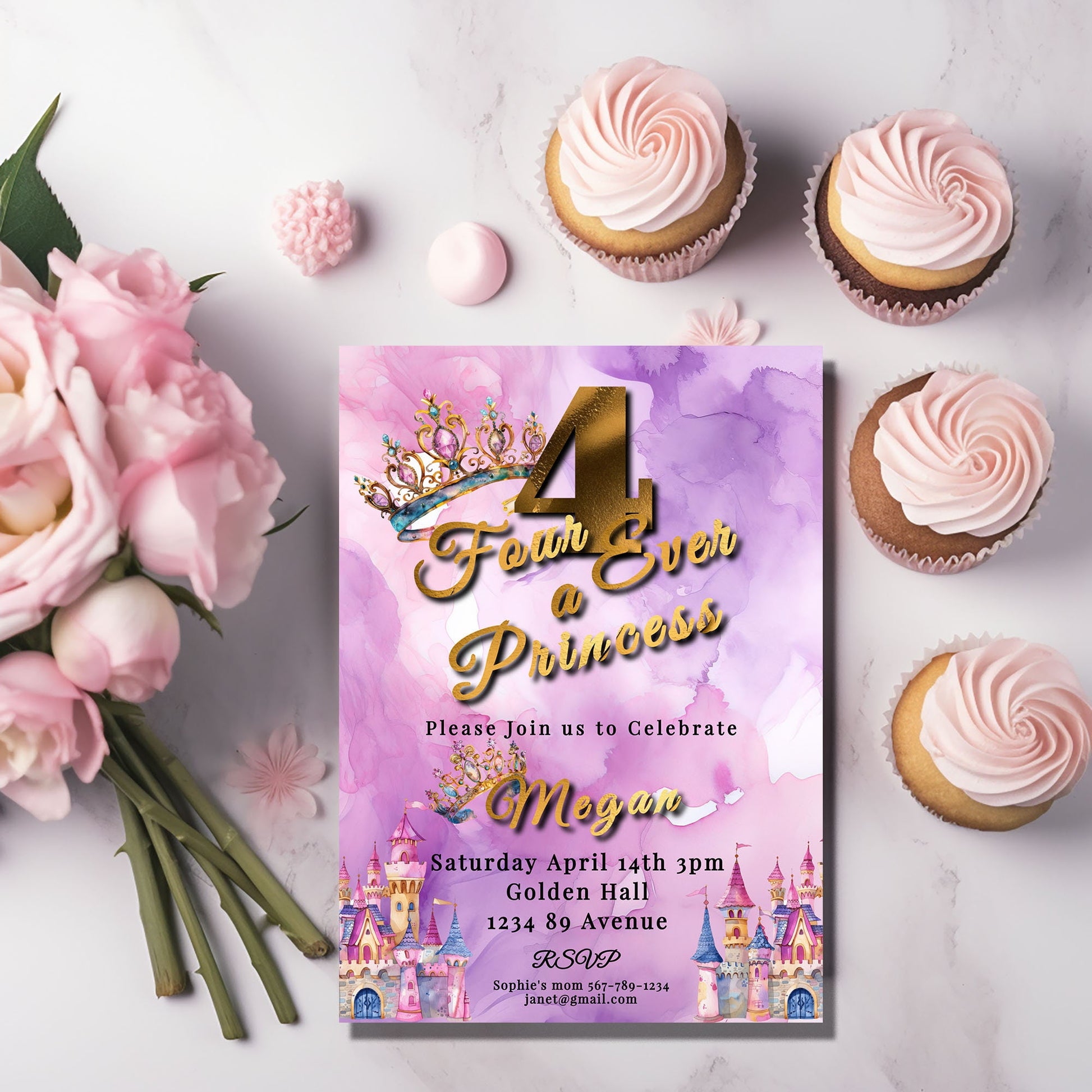Princess 4th Birthday Invitation: Pink Purple Watercolor (5x7 Printable)