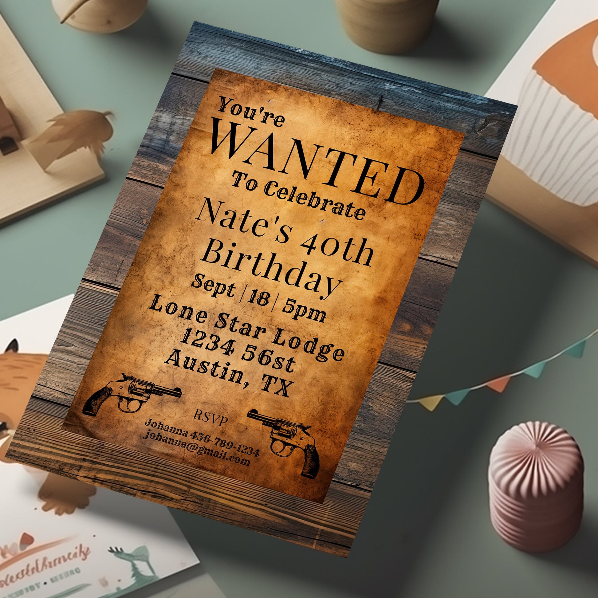 Western 40th Birthday Invitation Template Set | Editable Wanted Poster & Thank You Tag Bundle | Cowboy Party Digital Download