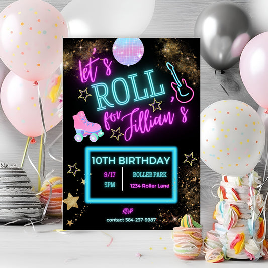 Retro Roller Skate Birthday Invitation: Neon Glow Party (Digital Download)
