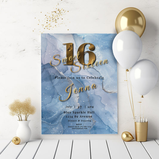 Light Blue & Silver Sweet 16 Invitation – Alcohol Ink Editable Template