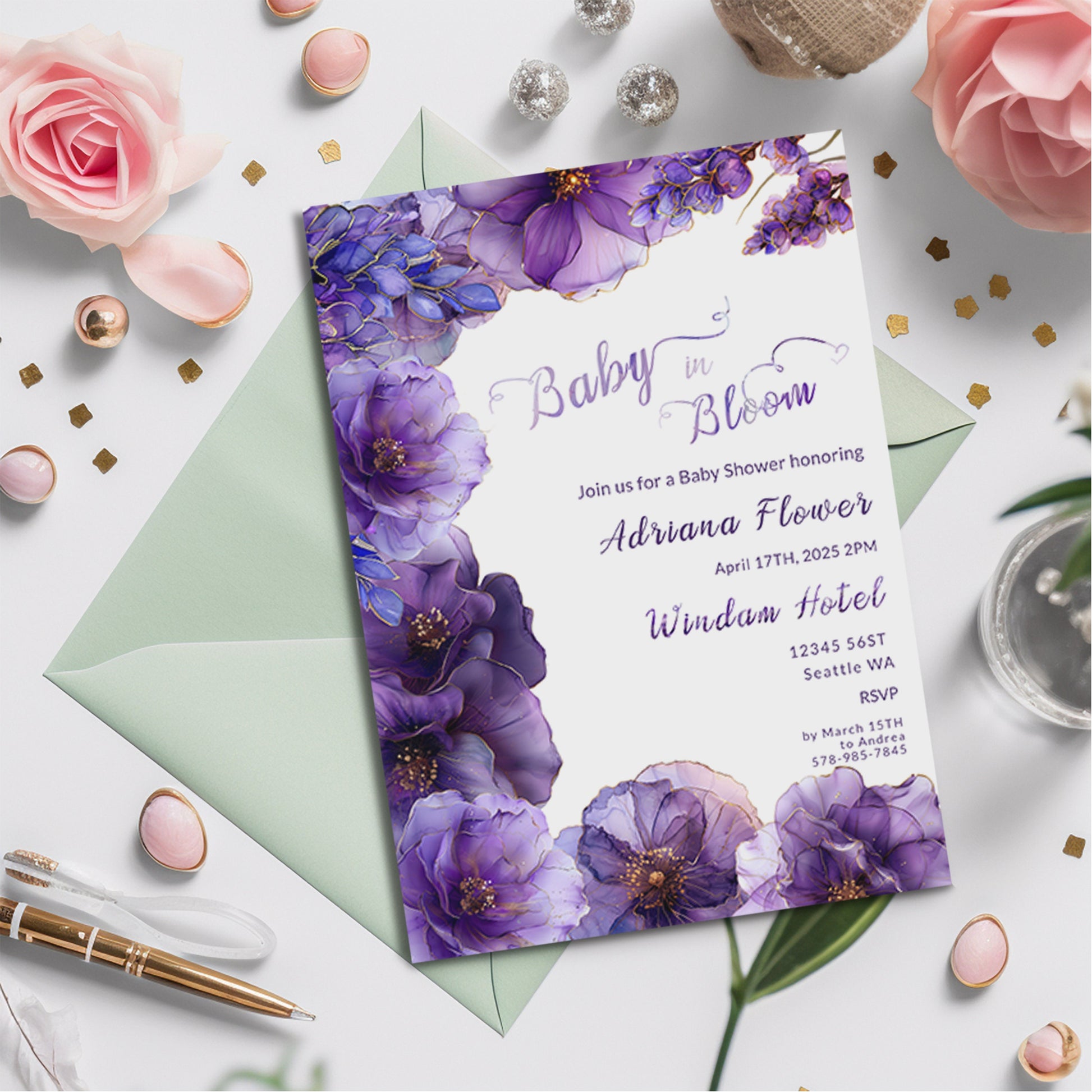 Purple Floral Baby Shower Invitation | Alcohol Ink Editable Design | Digital Download Template