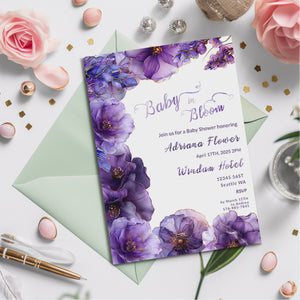 Purple Floral Baby Shower Invitation | Alcohol Ink Editable Design | Digital Download Template