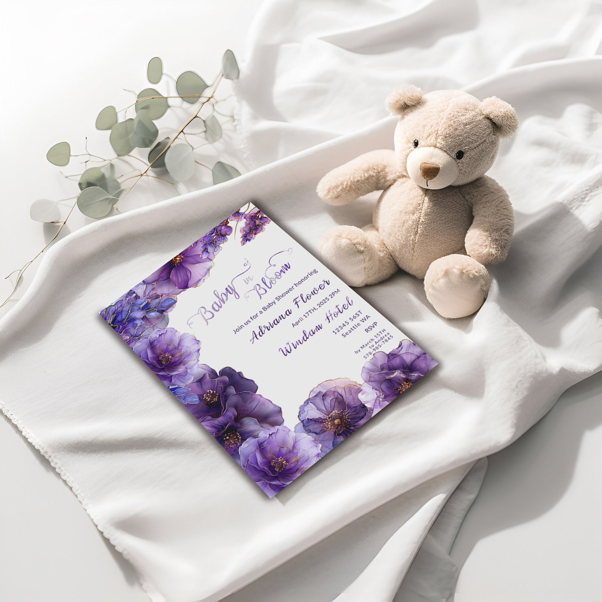 Purple Floral Baby Shower Invitation | Alcohol Ink Editable Design | Digital Download Template