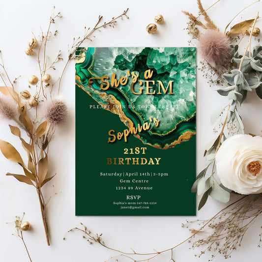 Dark Green & Gold Geode Birthday Invitation | Elegant Editable Template | 5x7 Digital Download