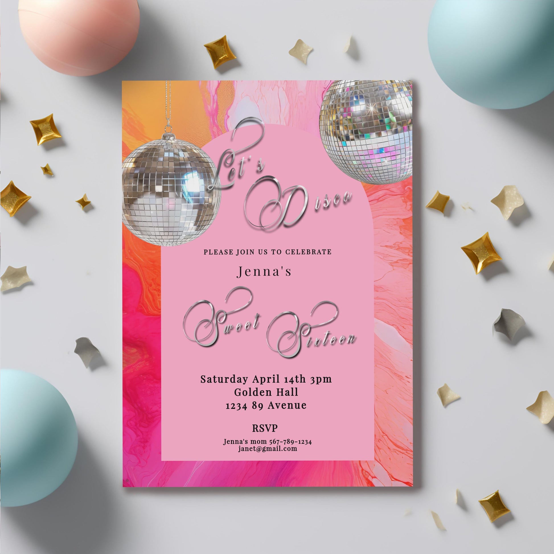 Sweet 16 Disco Birthday Invitation: Retro Hot Pink & Orange (Printable)