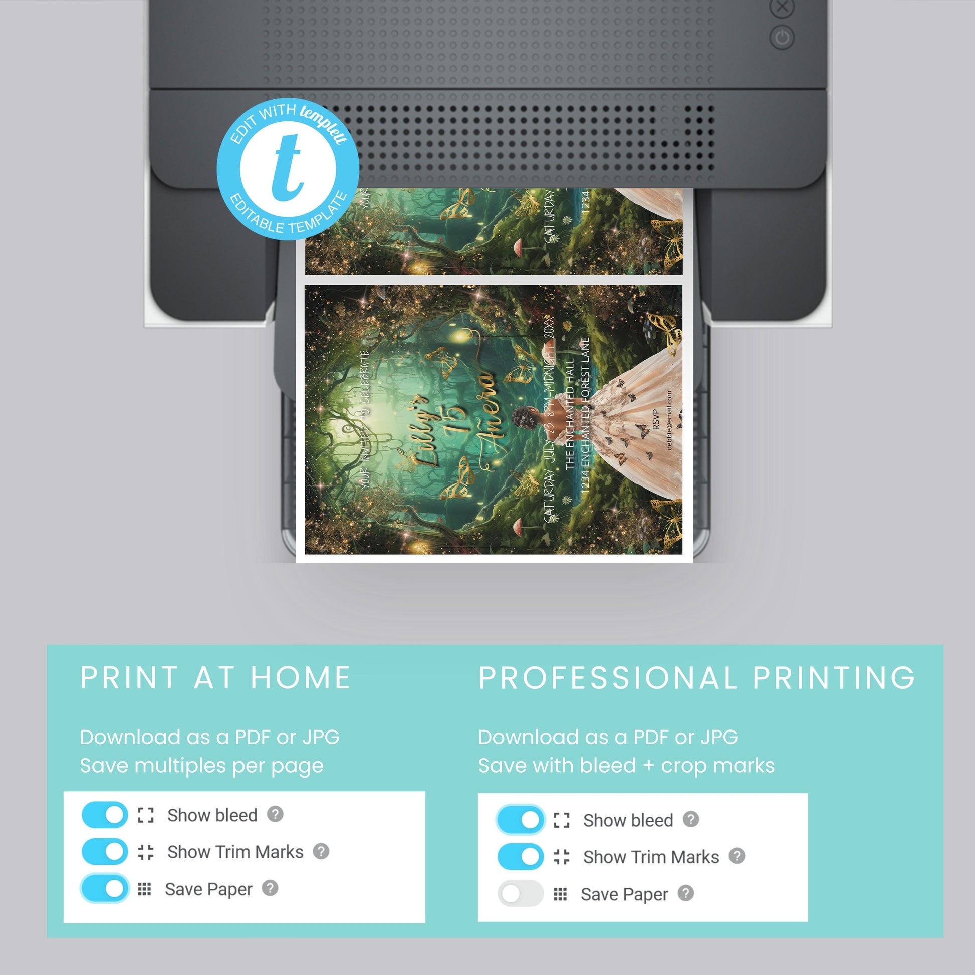 Enchanted Forest Quinceañera Invitation | Magical Butterfly Theme | Editable 5x7 Template | Digital Download