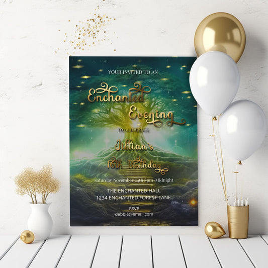Enchanted Forest Sweet 16 Invitation – Green & Gold Fairytale Editable Template