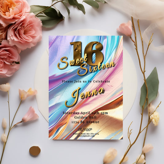 Gold Foil Sweet 16 Invitation: Elegant Pastel Design (4x6 Printable)