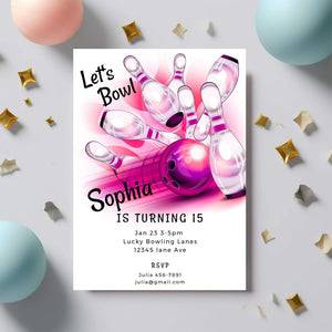 Bowling Party Invitation – Editable Digital Template featuring bowling pins and a ball, perfect for a birthday celebration.
