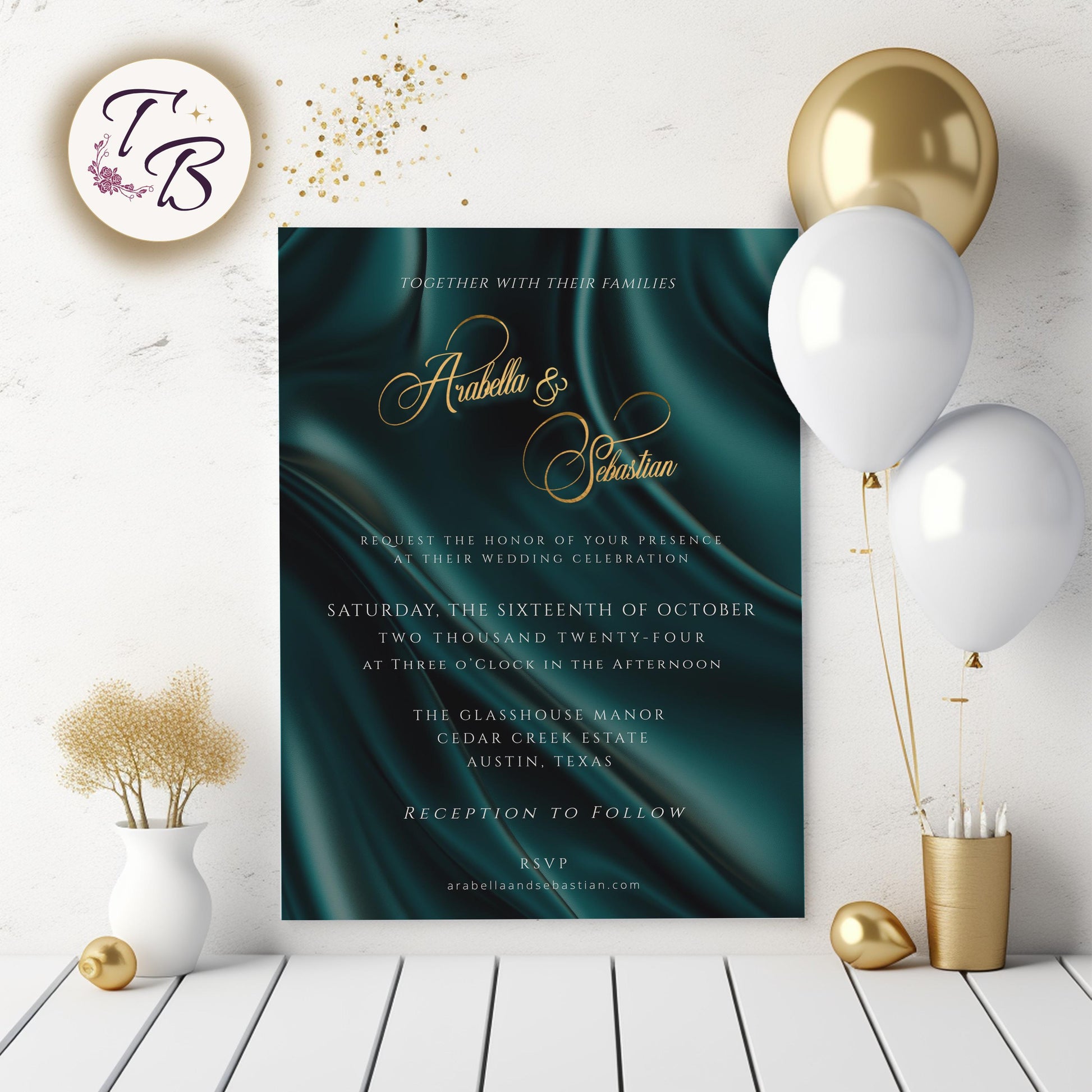 Teal Gold Wedding Invitation - Editable Printable 5x7 Card with Gold Foil Lettering