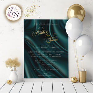 Teal Gold Wedding Invitation - Editable Printable 5x7 Card with Gold Foil Lettering