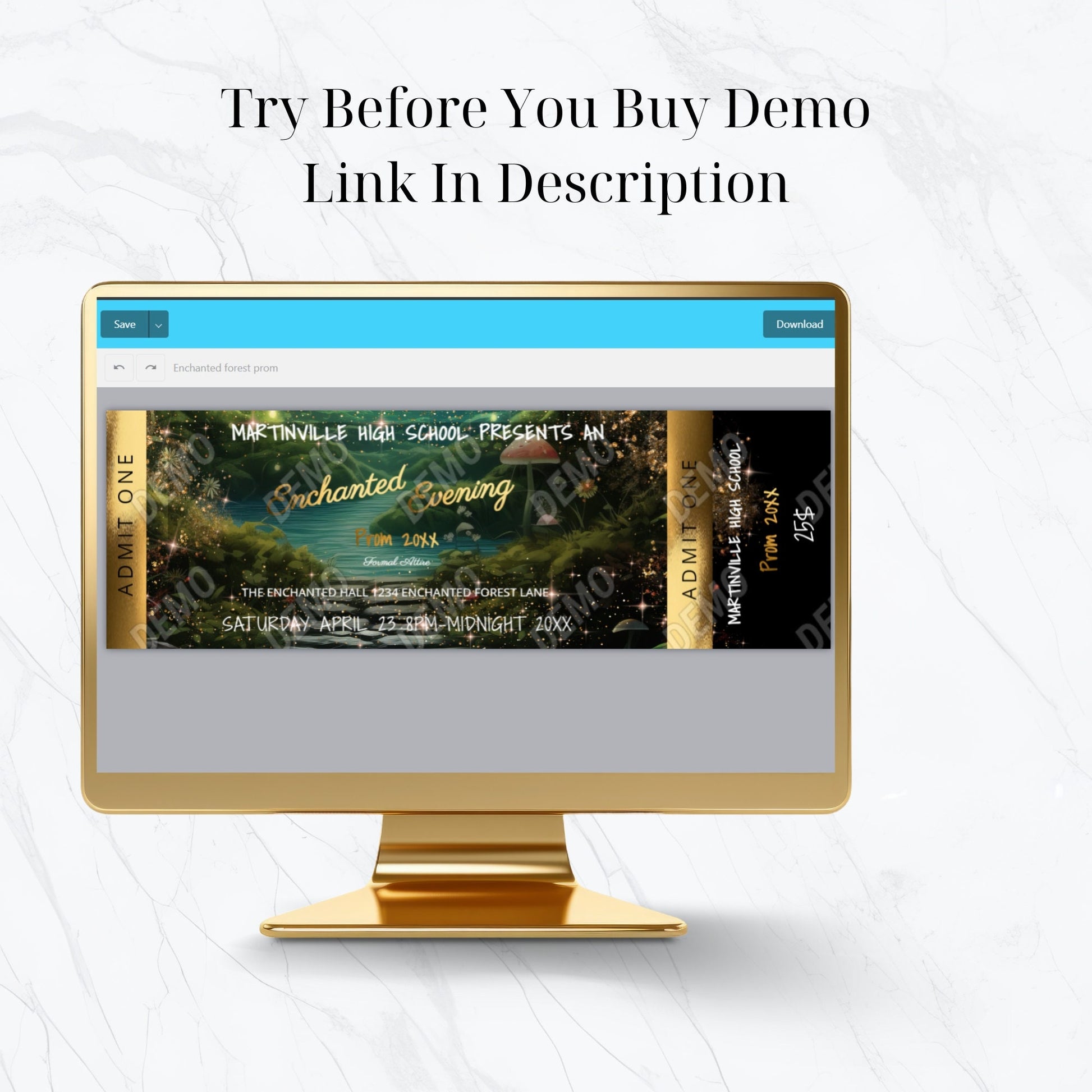 Enchanted Forest Prom Ticket – Editable Gold Foil Template | Custom Design