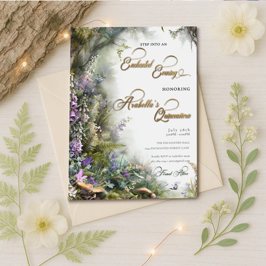 Enchanted Forest Quinceañera Invitation – Green & Gold Editable Template