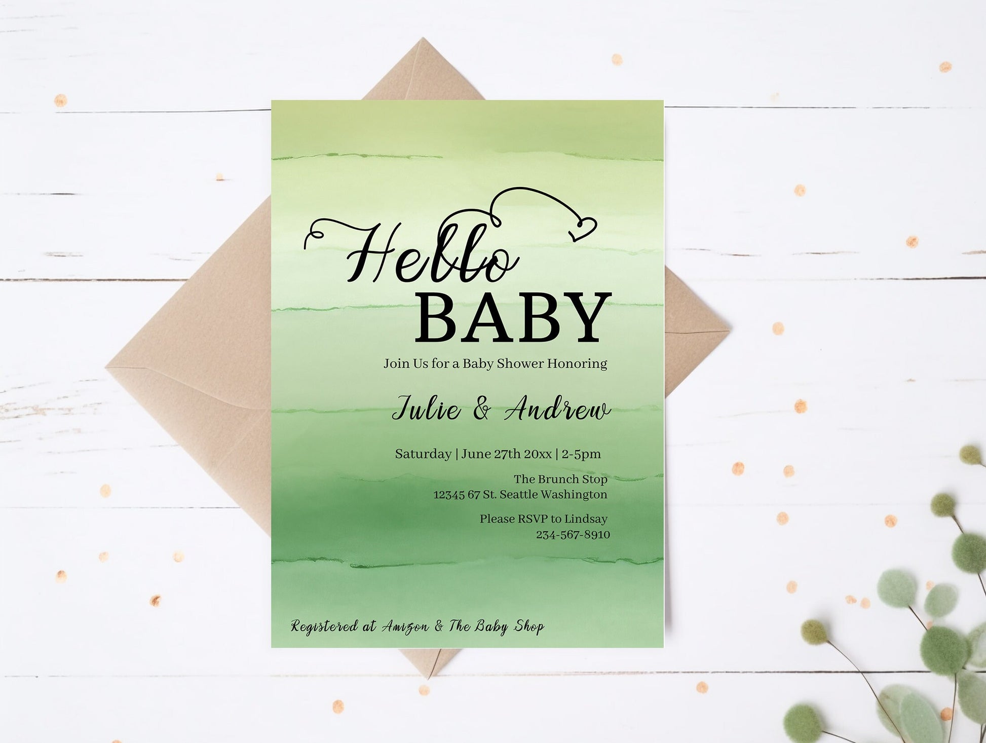 Baby Shower Invitation | Sage Green Watercolor Invitation Set - Editable Digital Bundle