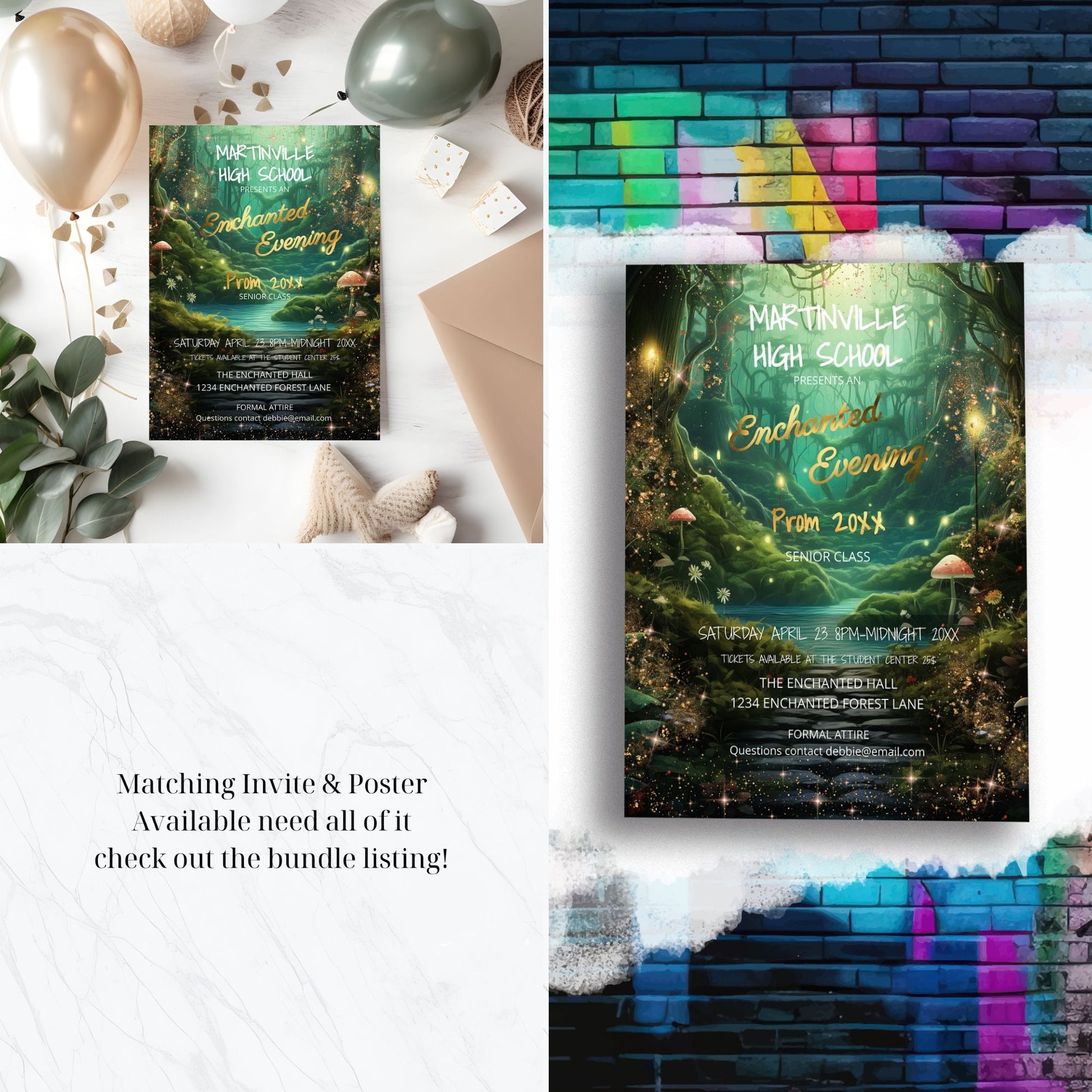 Enchanted Forest Prom Ticket – Editable Gold Foil Template | Custom Design