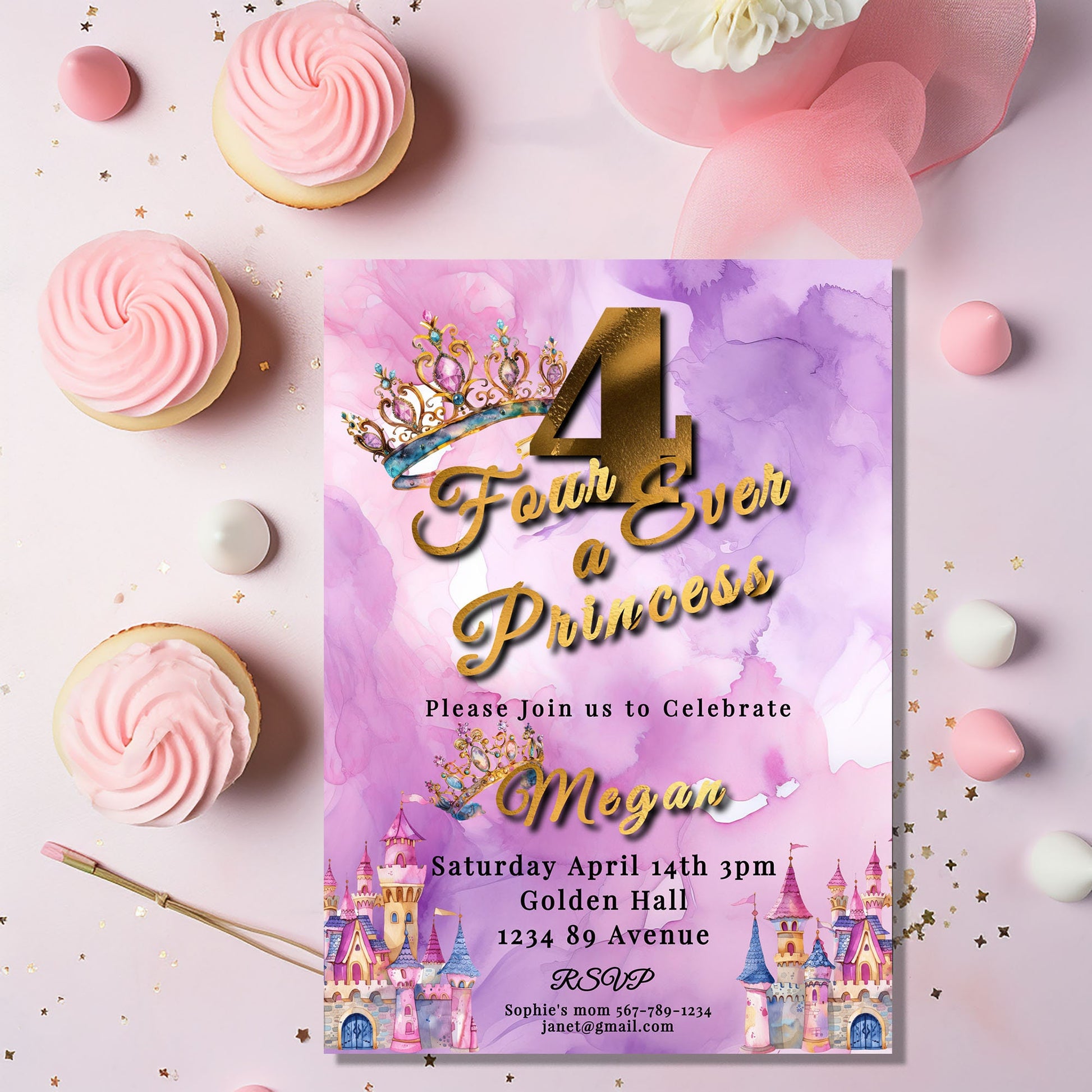 Princess 4th Birthday Invitation: Pink Purple Watercolor (5x7 Printable)