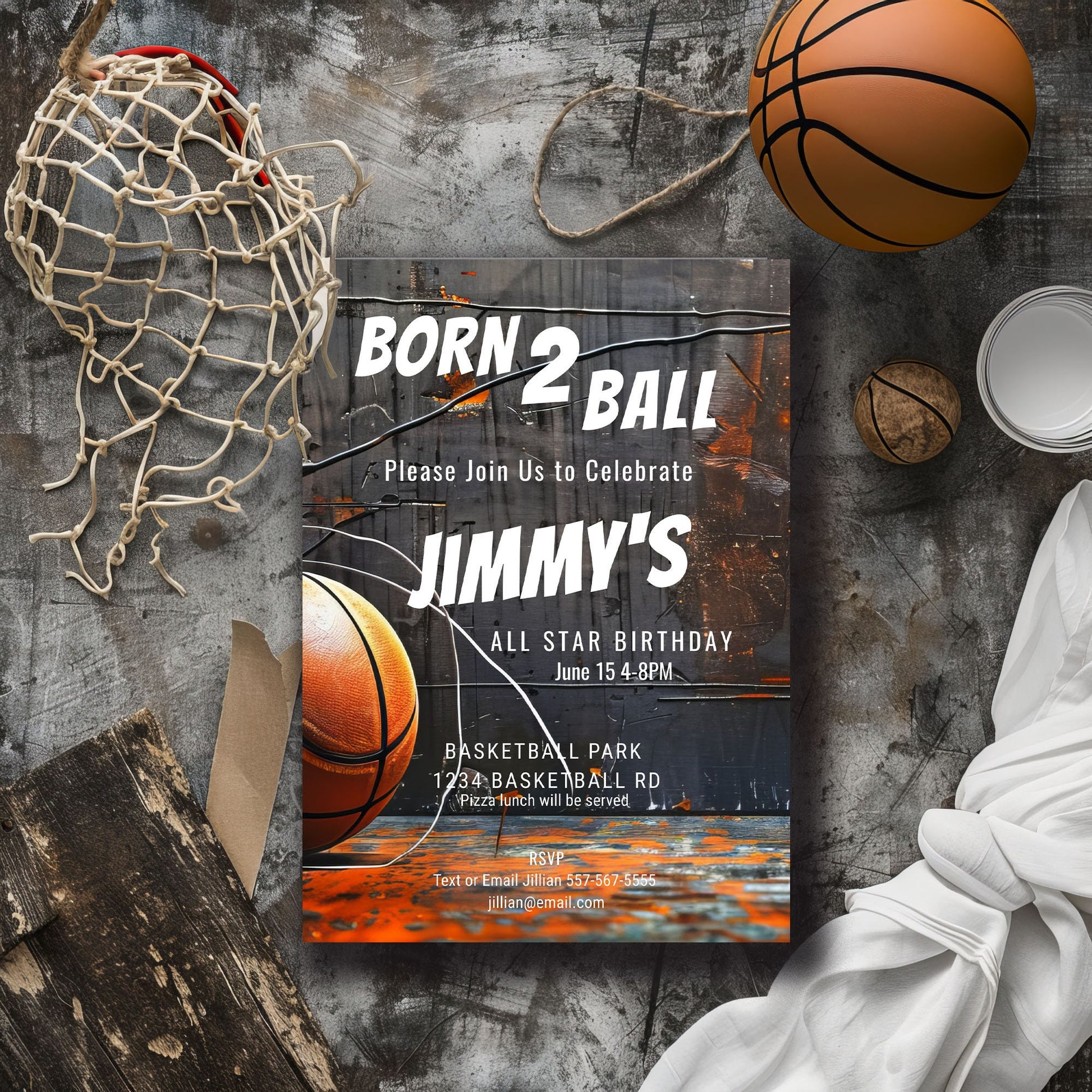 Basketball Birthday Invitation: Born 2 Ball, Grunge Style (5x7 Printable Template)