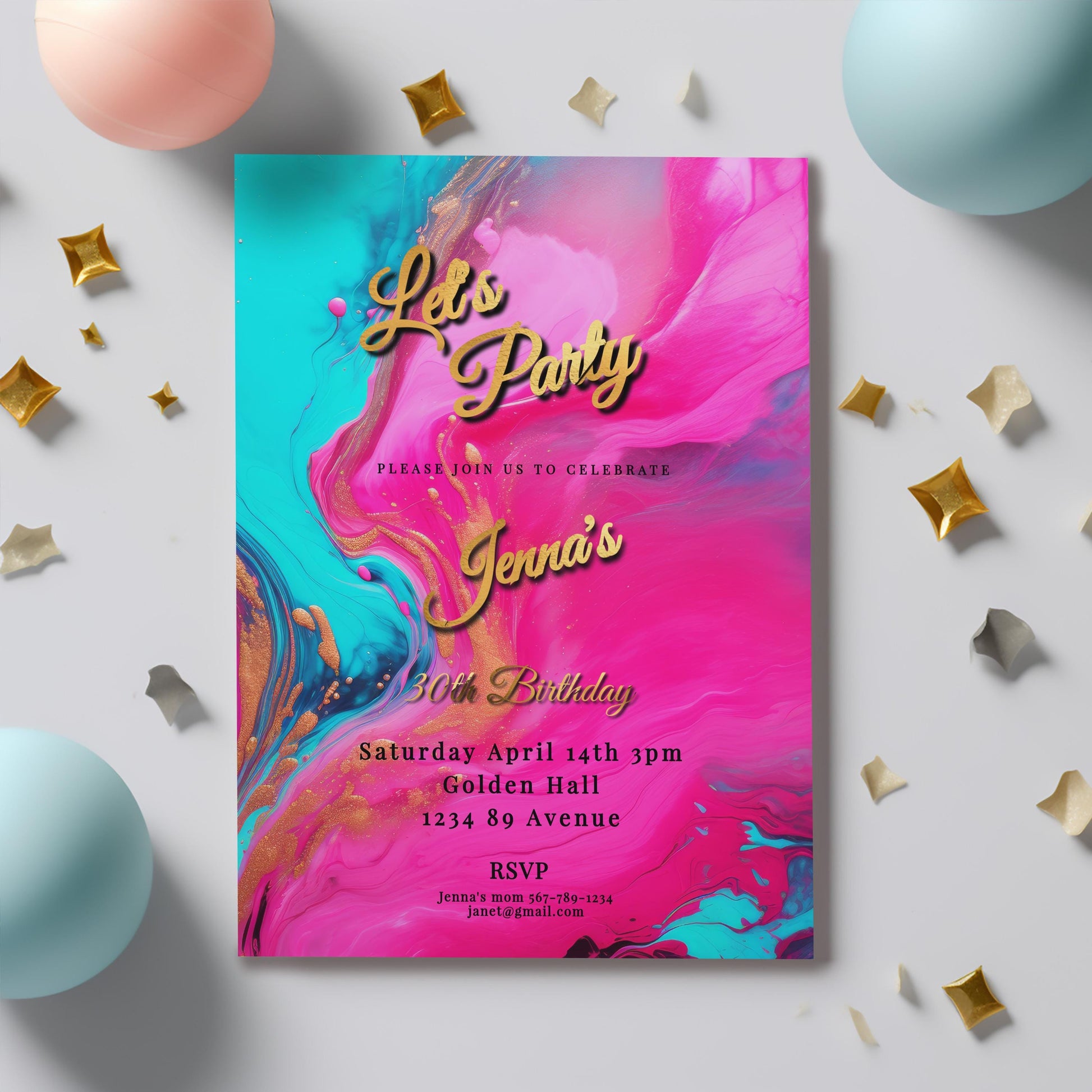 Hot Pink, Teal & Gold Birthday Editable Invitation 5x7in -brunch invite-Editable, Printable - style