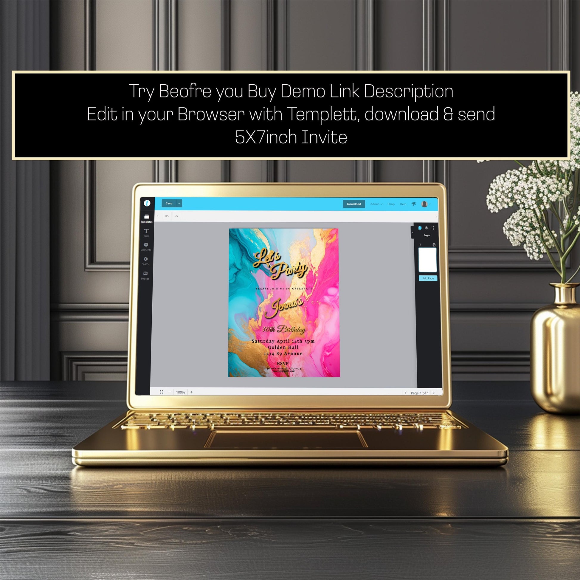 Hot Pink, Teal & Gold Birthday Editable Invitation 5x7in -brunch invite-Editable, Printable - style