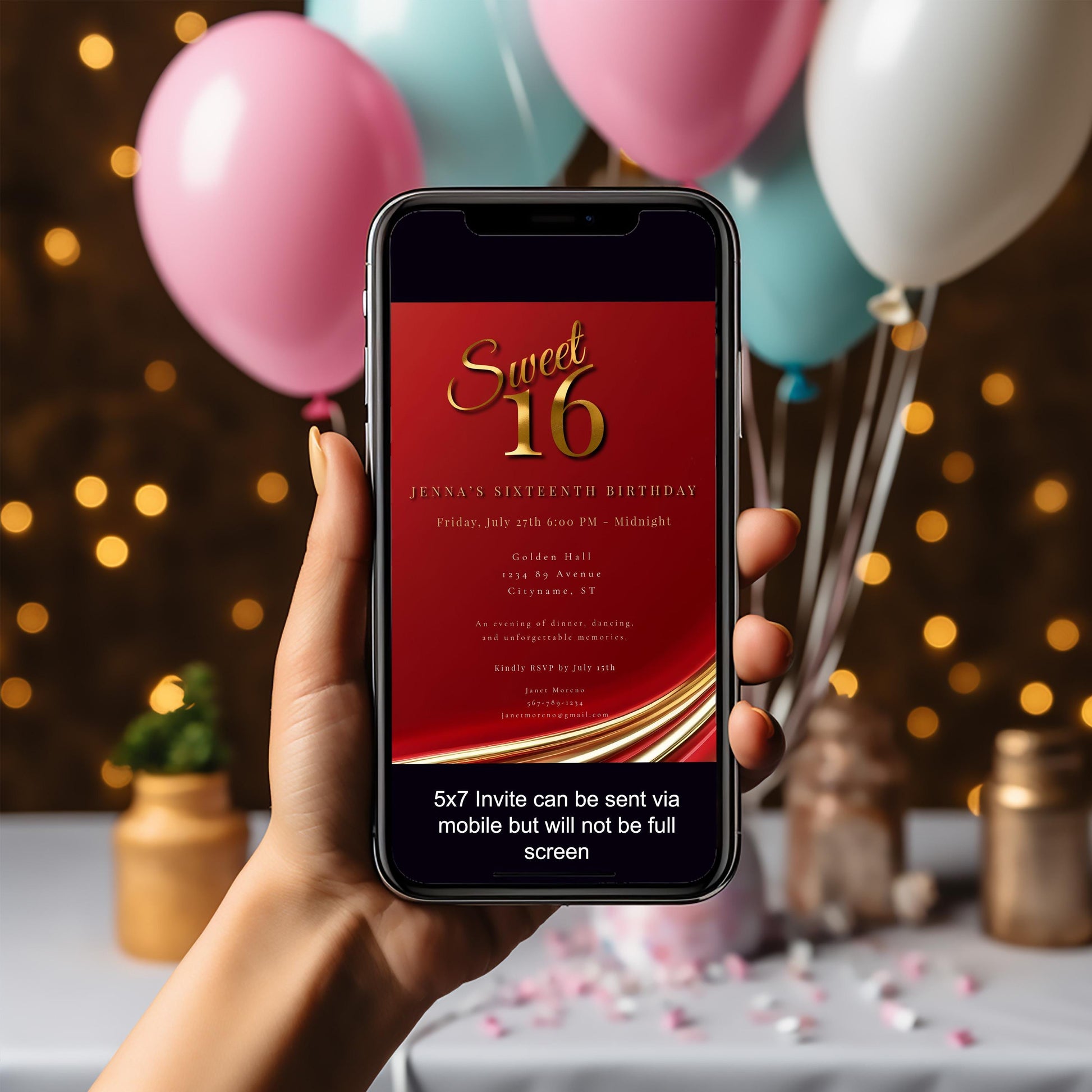 Red and Gold Sweet 16 Invite, Customizable Digital Invitation Template, Elegant Quinceanera Birthday Invite