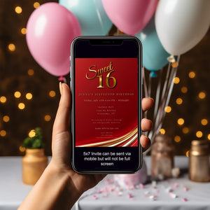 Red and Gold Sweet 16 Invite, Customizable Digital Invitation Template, Elegant Quinceanera Birthday Invite