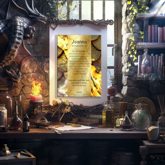 Golden Dragon Scales Birthday Invitation | Editable Fantasy Party Template (5x7")