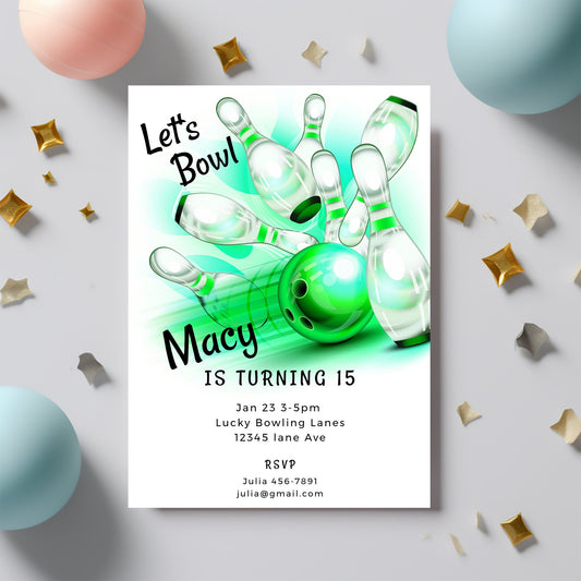 Bowling Party Invitation - Editable Template | Printable & Digital Neon Green Invite