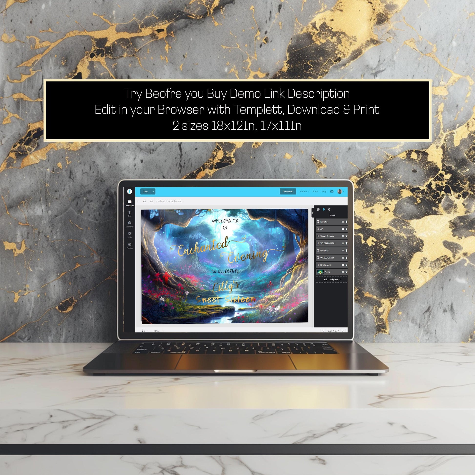 Enchanted Forest Placemat – Editable Party Template With Gold Foil Lettering