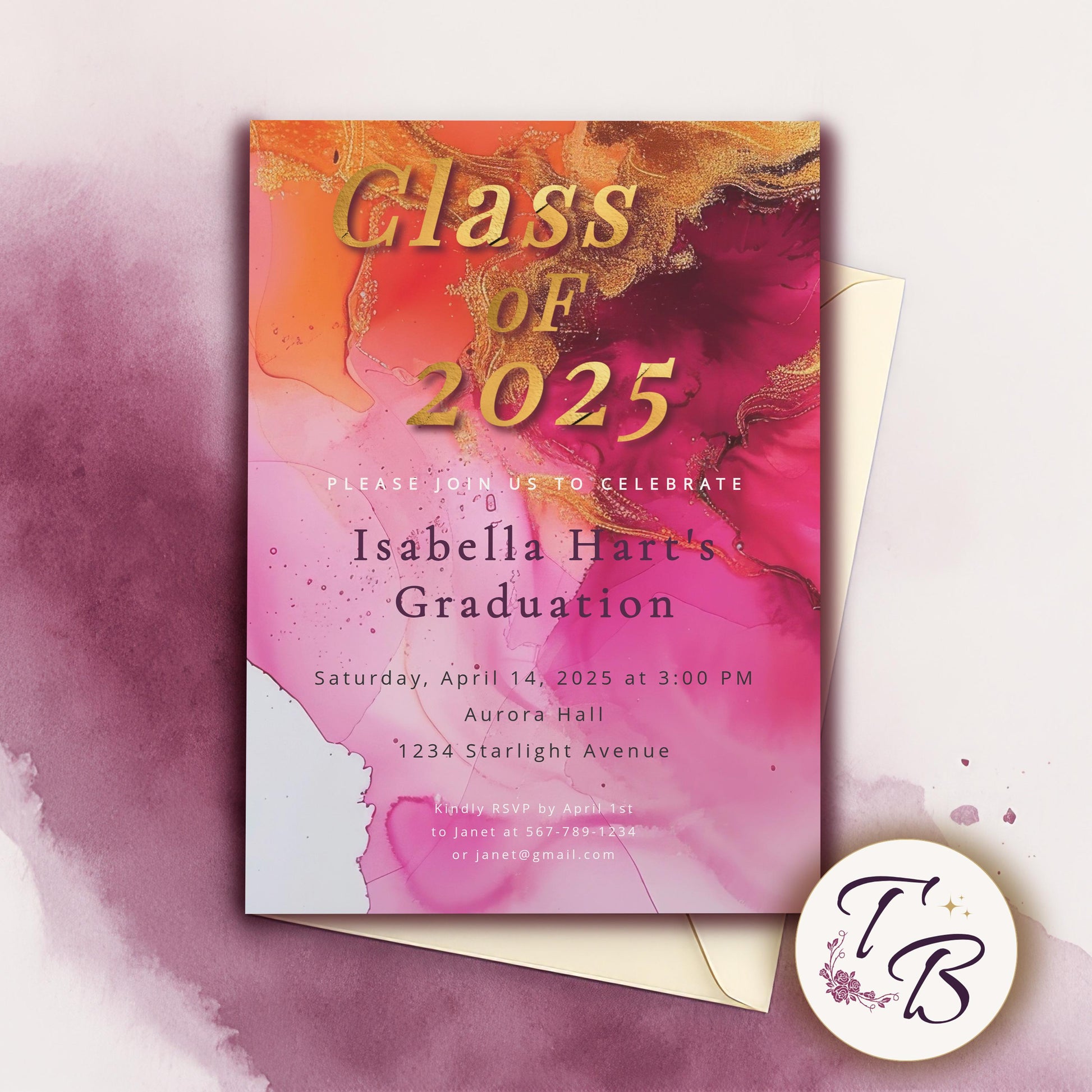Hot Pink Graduation Invitation | Editable 5x7 Template with Gold Foil & Photo Option
