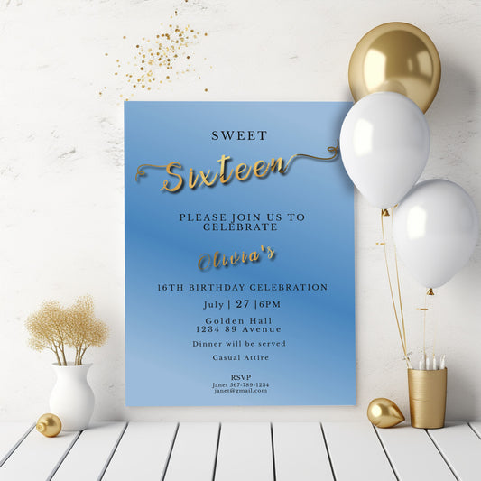Light Blue Sweet 16 Invitation – Silver Glitter Editable Template