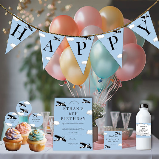 Airplane Birthday Party Bundle | Vintage Pilot Invitation & Editable Decor Templates