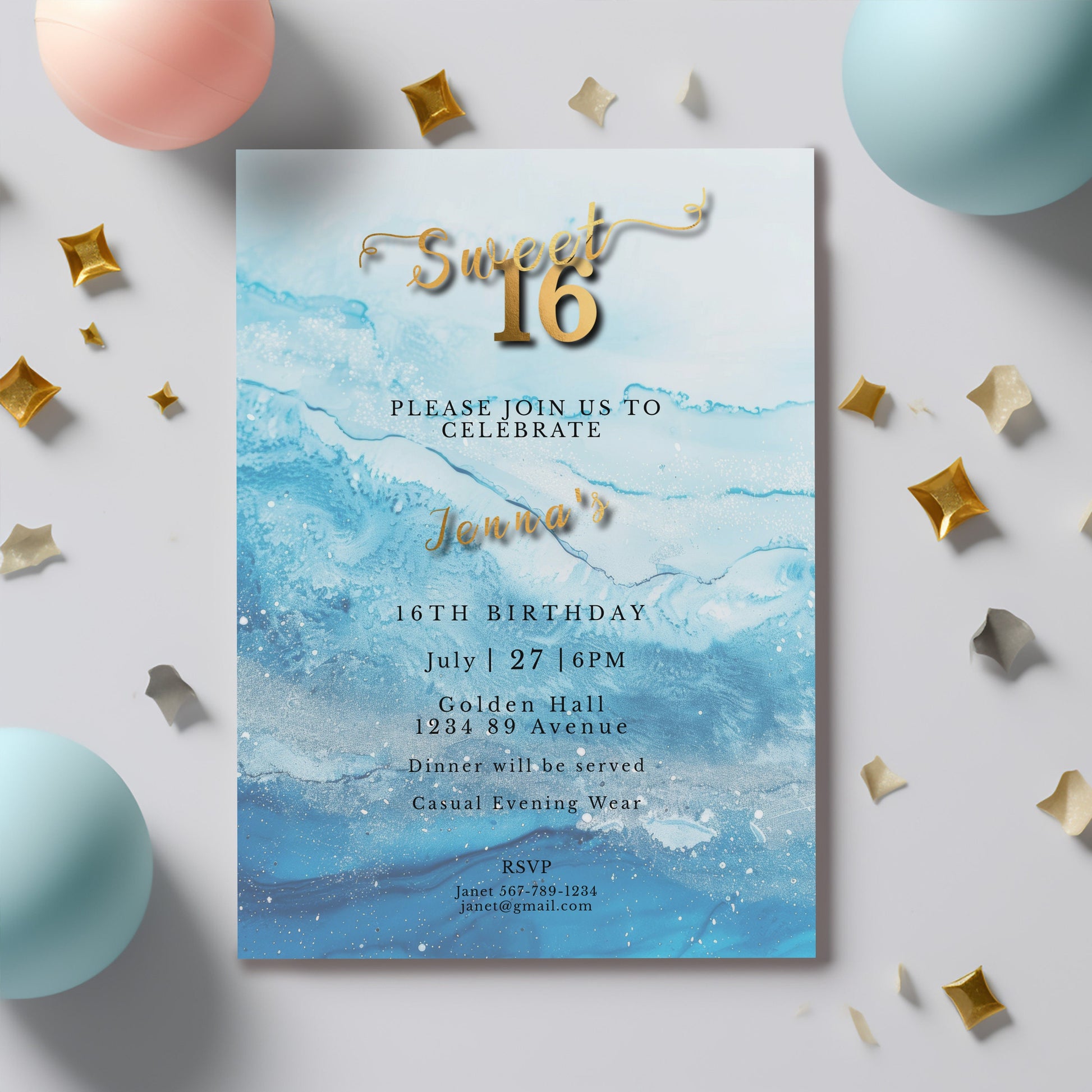 Sweet 16 Invitation Light Blue- blue and silver Glitter-Editable template-Evite-Printable-Blue Sparkles