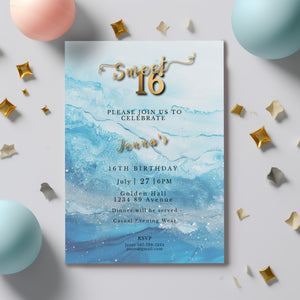 Sweet 16 Invitation Light Blue- blue and silver Glitter-Editable template-Evite-Printable-Blue Sparkles