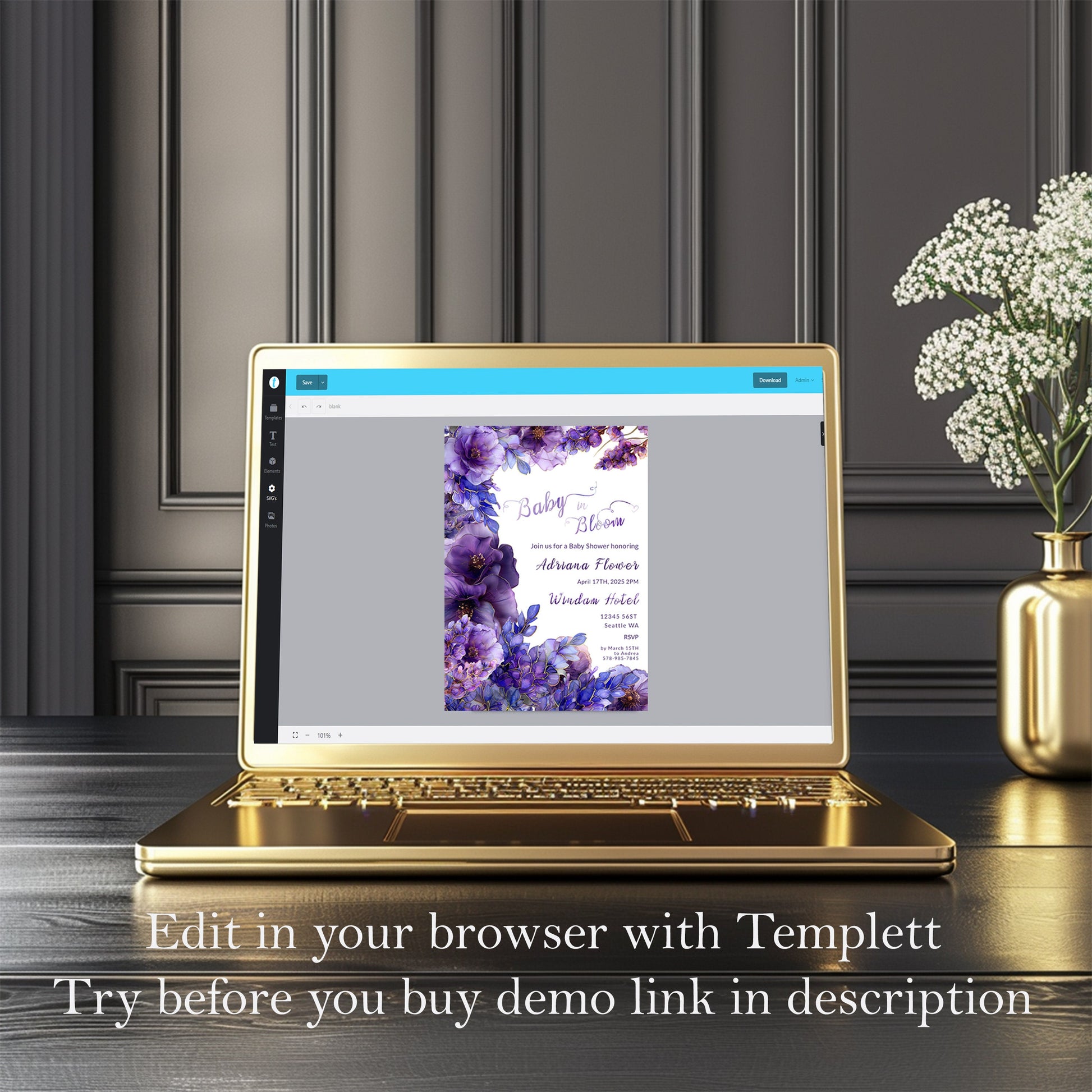 Purple Floral Baby Shower Invitation – Editable Digital Template