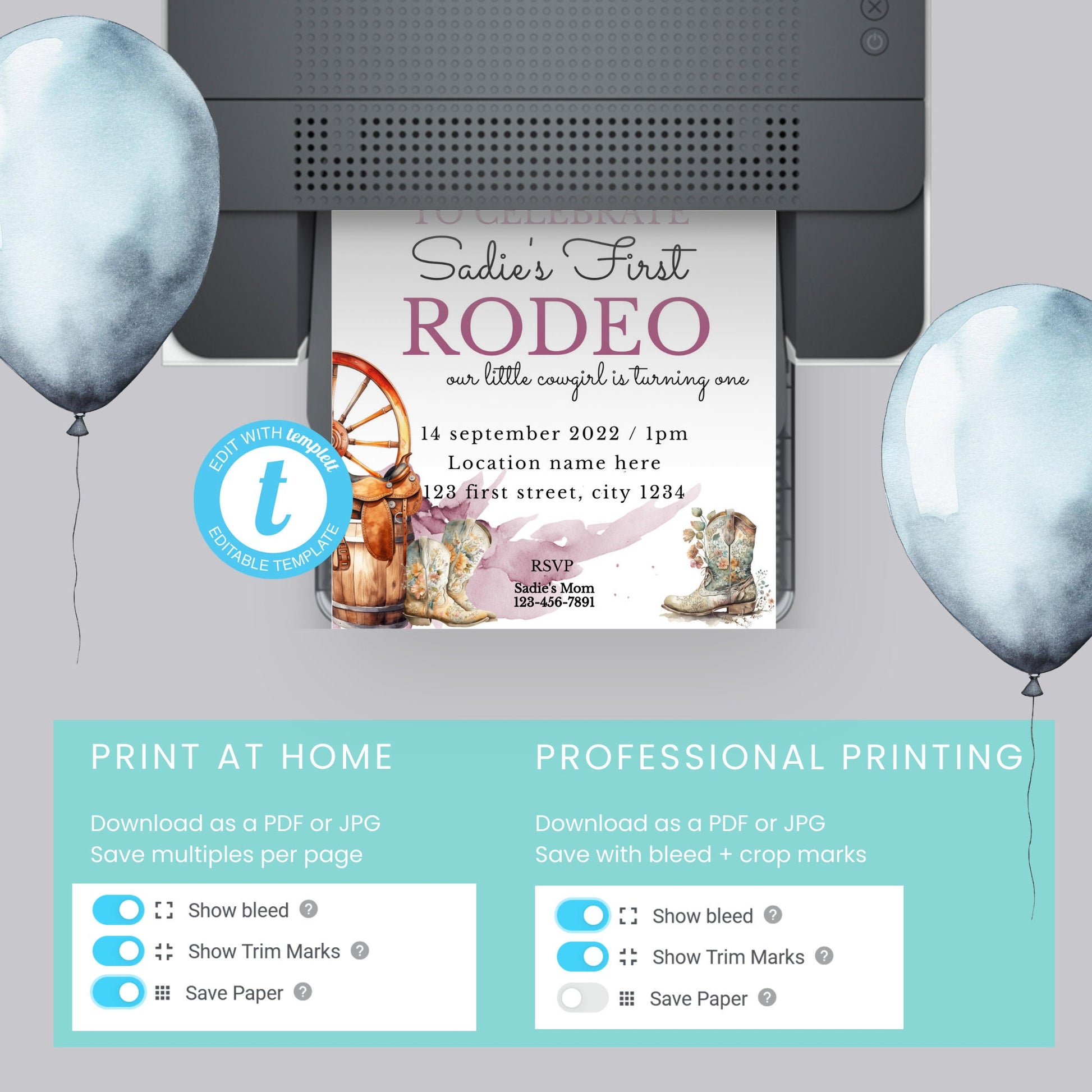 Editable Girl's 1st Rodeo Birthday Invitation Template | Western Cowgirl Party 5x7