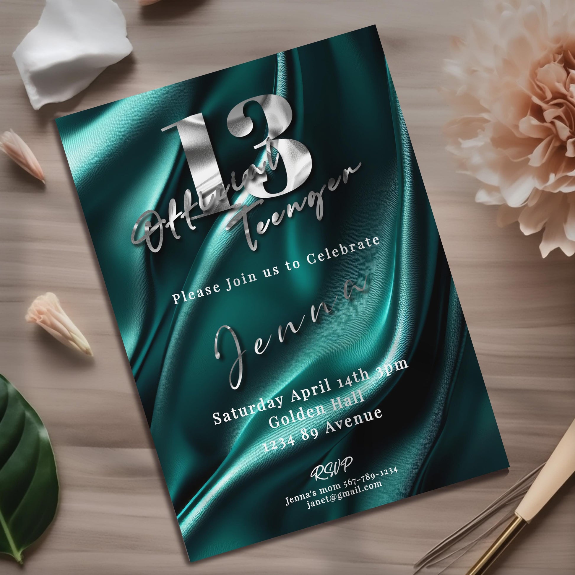 Teal & Silver 13th Birthday Invitation – Editable Teen Party Template