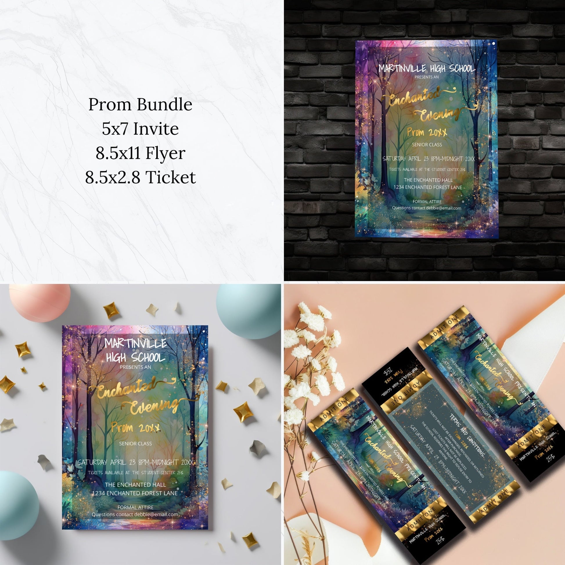 Editable Watercolor Enchanted Forest Prom Bundle | Invitation, Flyer & Ticket Set