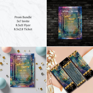 Editable Watercolor Enchanted Forest Prom Bundle | Invitation, Flyer & Ticket Set