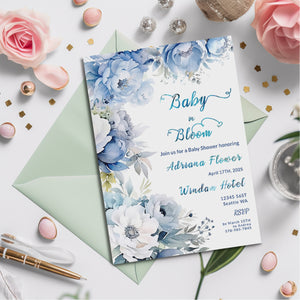 Dusty Blue Floral Baby Shower Invitation | Editable Template | Watercolor Digital Download