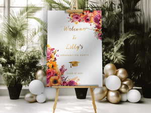 Floral Graduation Welcome Sign: Hot Pink & Gold (Editable Template)