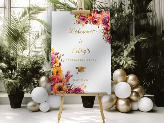 Floral Graduation Welcome Sign: Hot Pink & Gold (Editable Template)